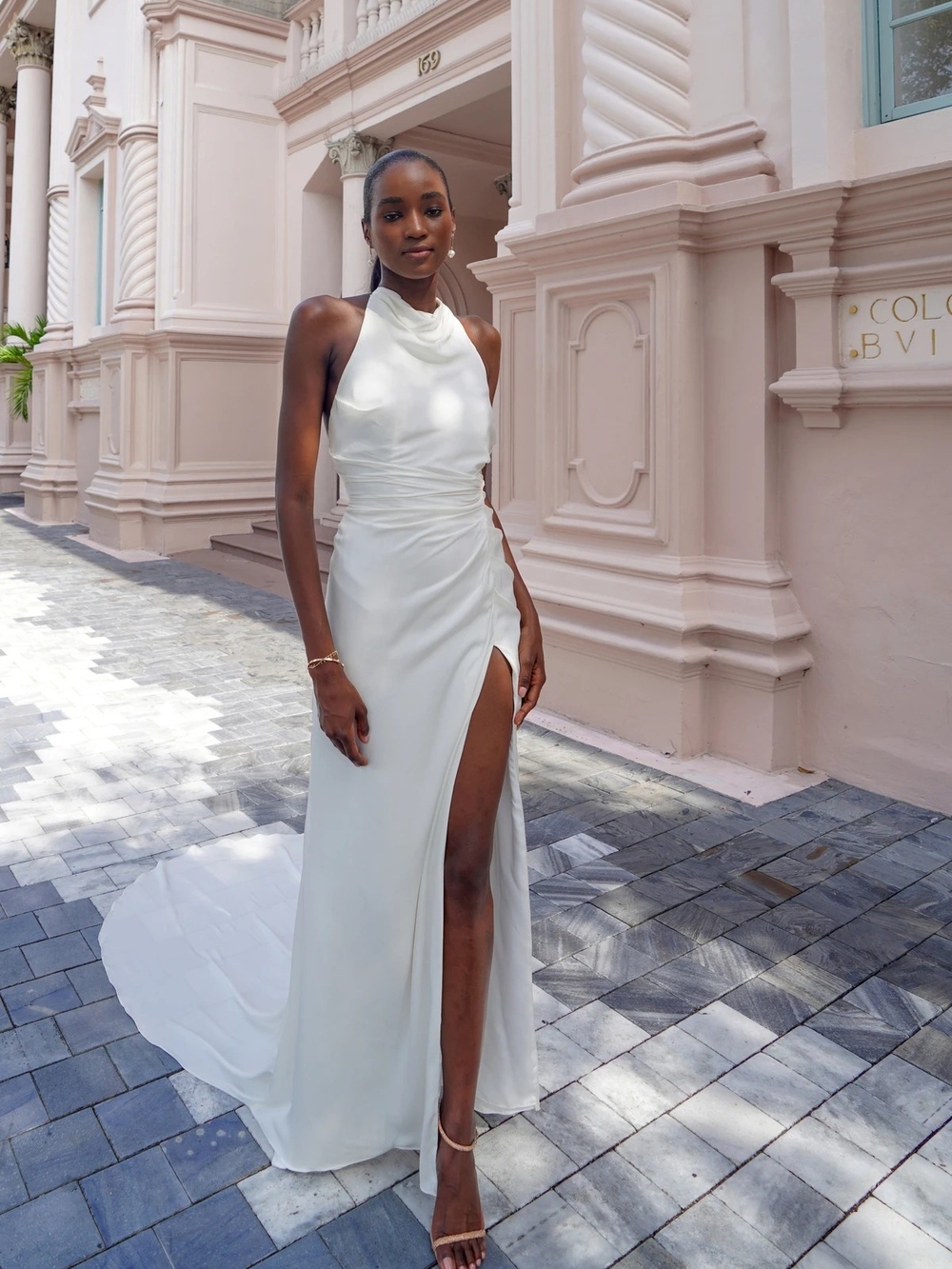 Martina Liana Chic High Neck Halter Column Bridal Gown with Open Back